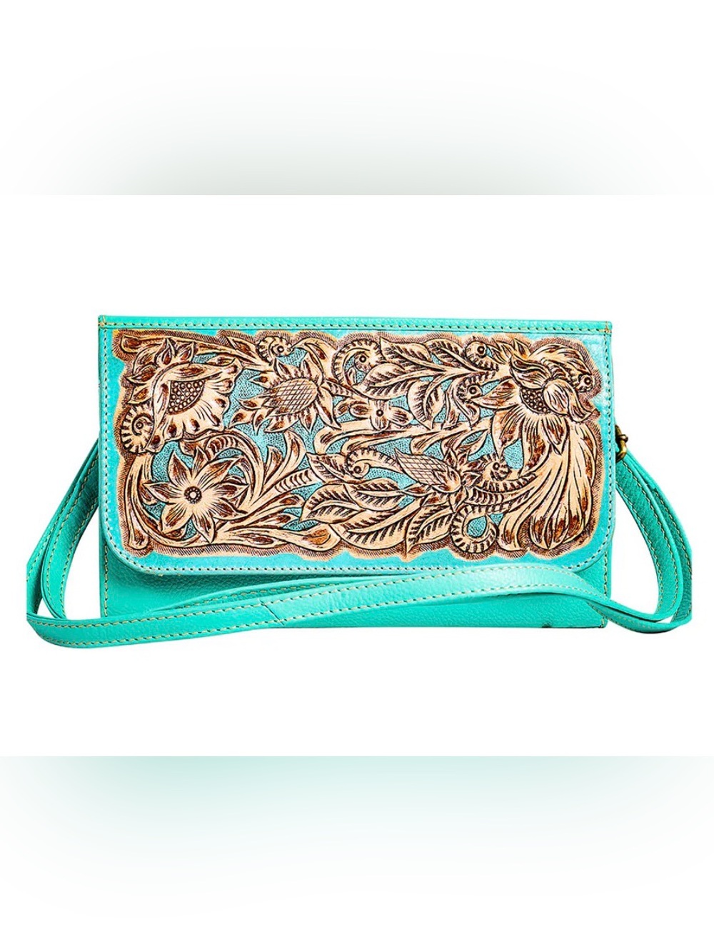 MYRA TWILA HAND-TOOLED SMALL BAG TURQUOISE LEATHER CROSSBODY CLUTCH WALLET